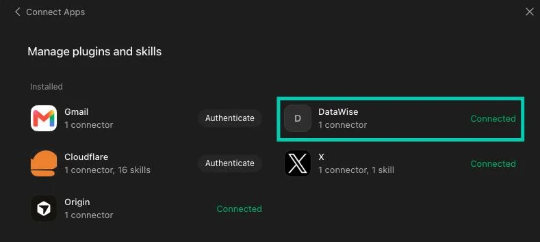 Grok Bot's Manage plugins and skills screen showing DataWise installed with 1 connector and the status Connected