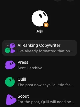 Grok Bot sidebar showing an SEO team group chat above the individual chats with the publisher, writer and research Bots
