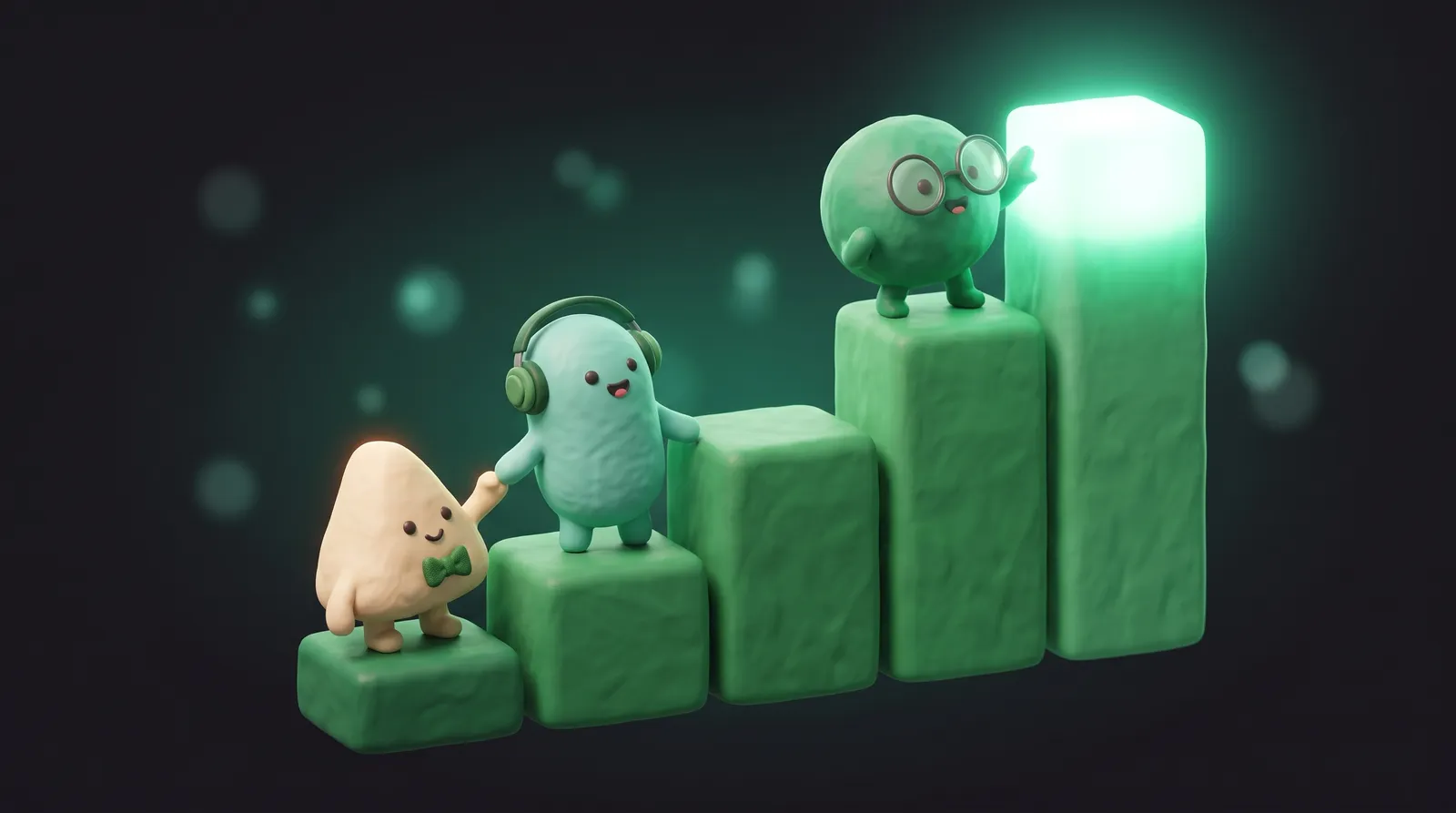 Three blob-shaped AI agents climbing a staircase of green ranking bars toward a glowing top step