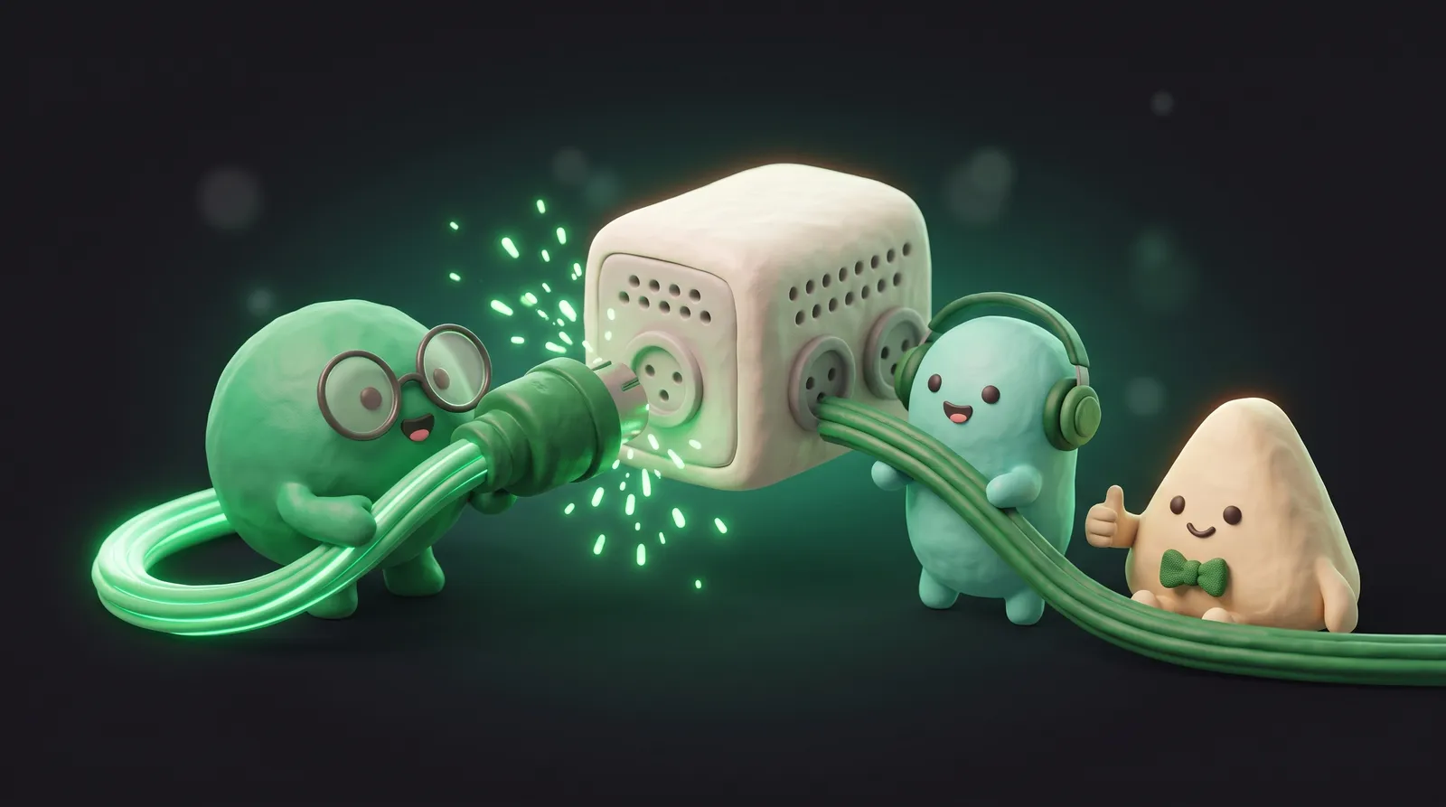 A blob-shaped AI agent plugging a glowing green cable into a small server while two others help