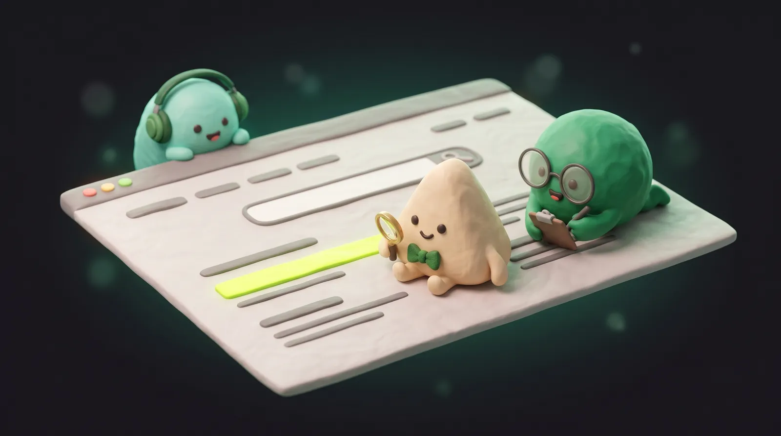A blob-shaped AI agent with a magnifying glass crawling across a webpage while another takes notes