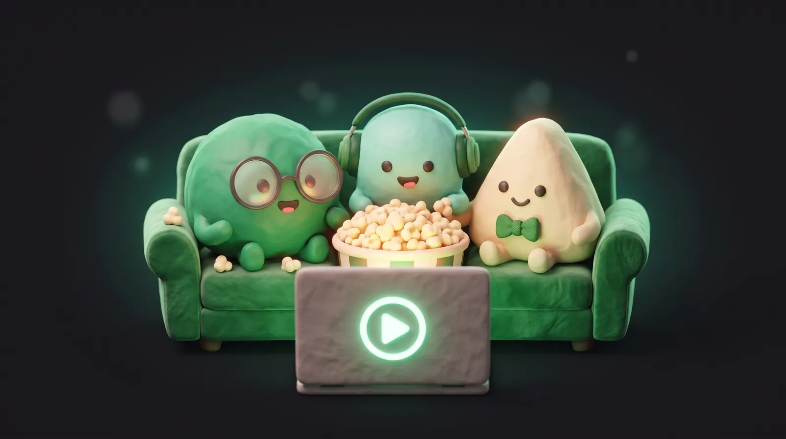 Three blob-shaped AI agents on a couch sharing popcorn while watching a video on a laptop