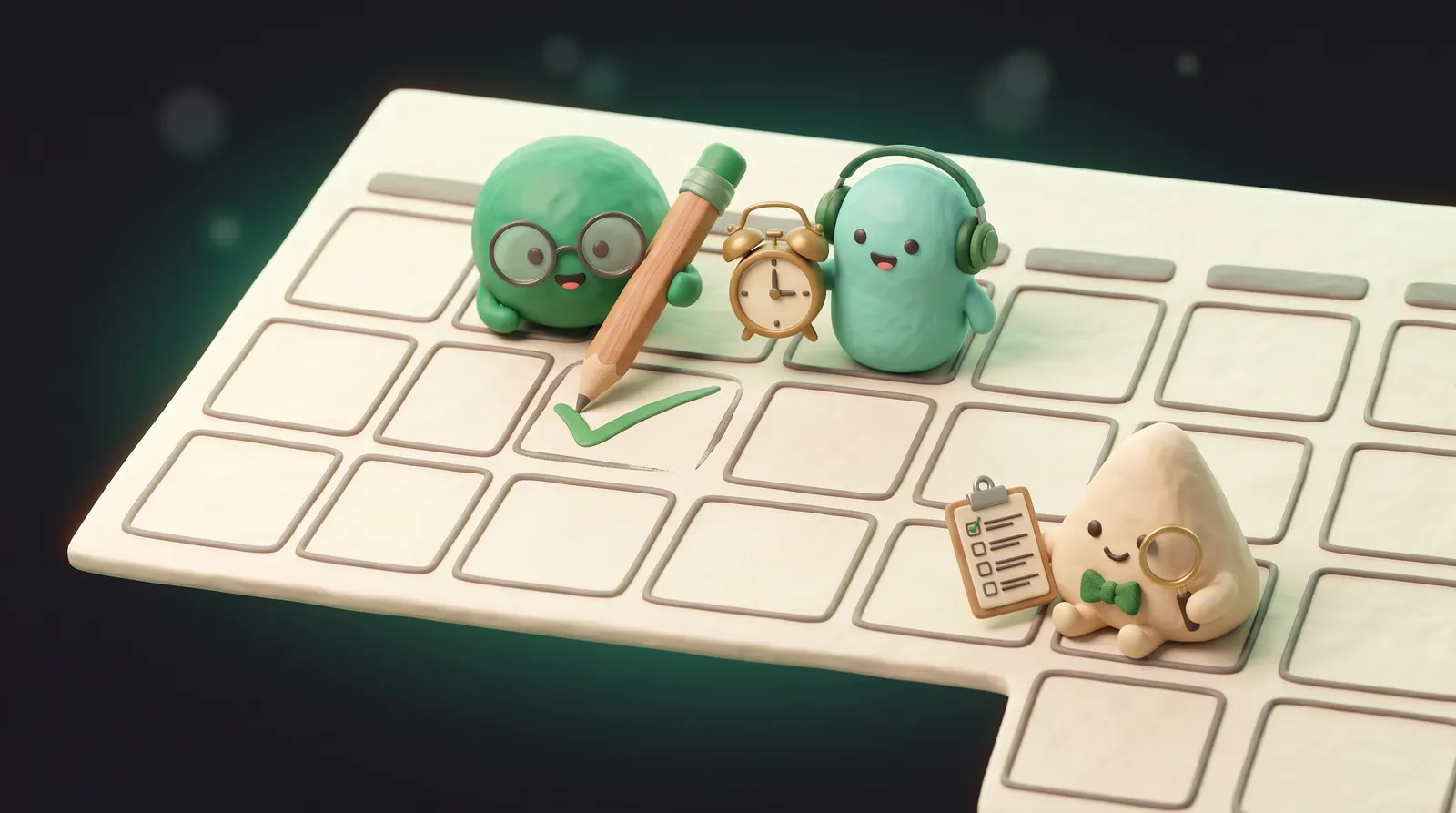 Three blob-shaped AI agents on a giant calendar ticking off a weekly task with a pencil and an alarm clock