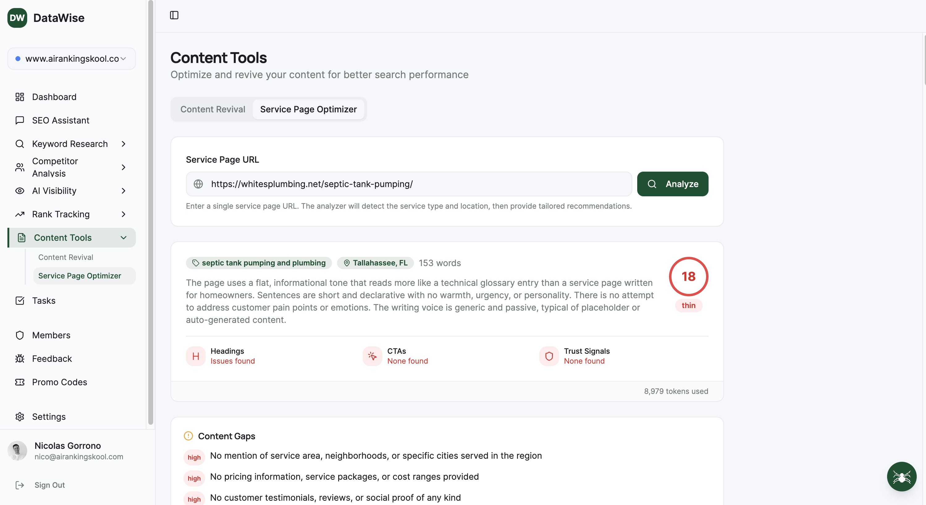 Content Tools interface in DataWise SEO