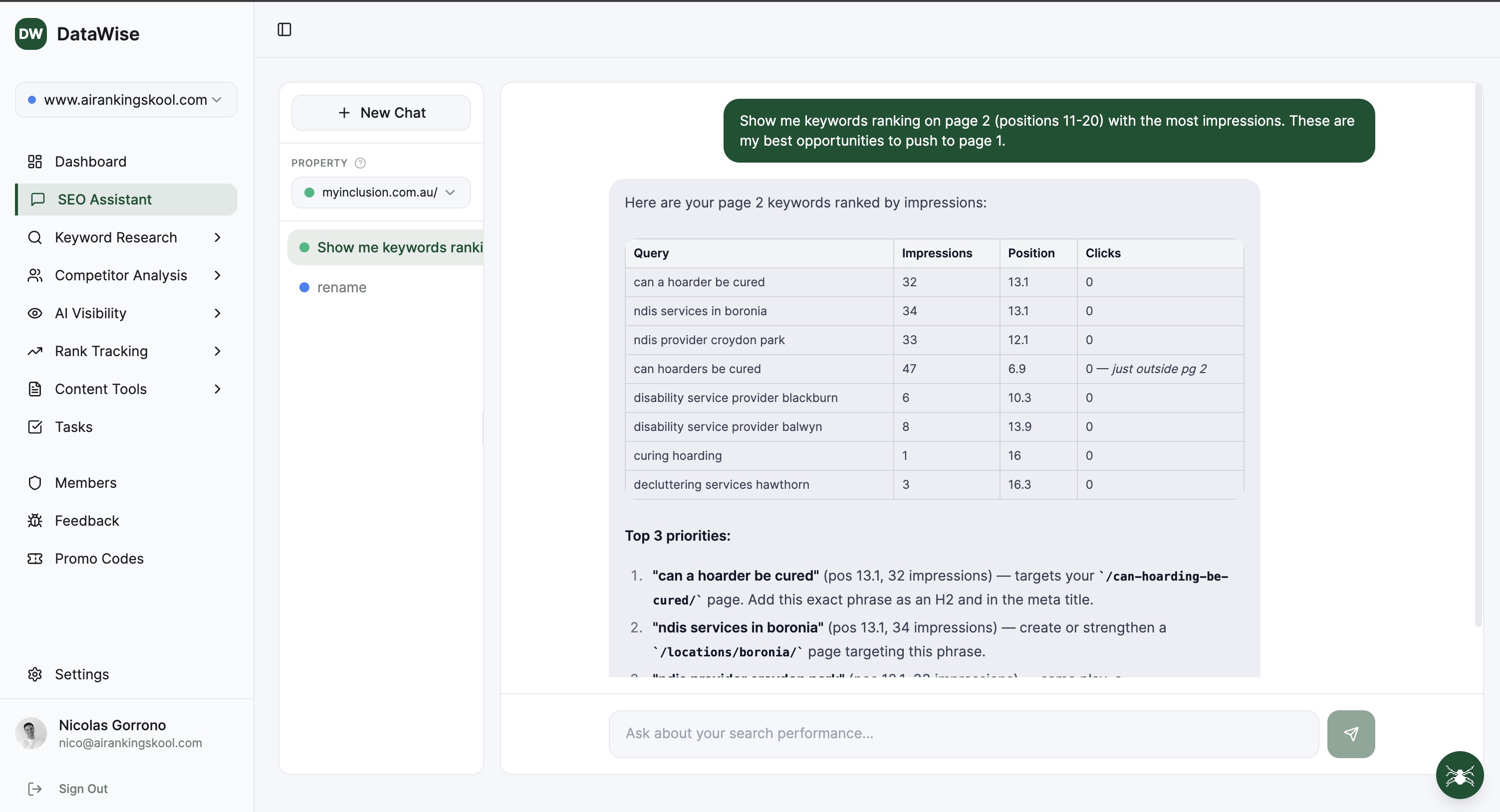 AI SEO Assistant interface in DataWise SEO